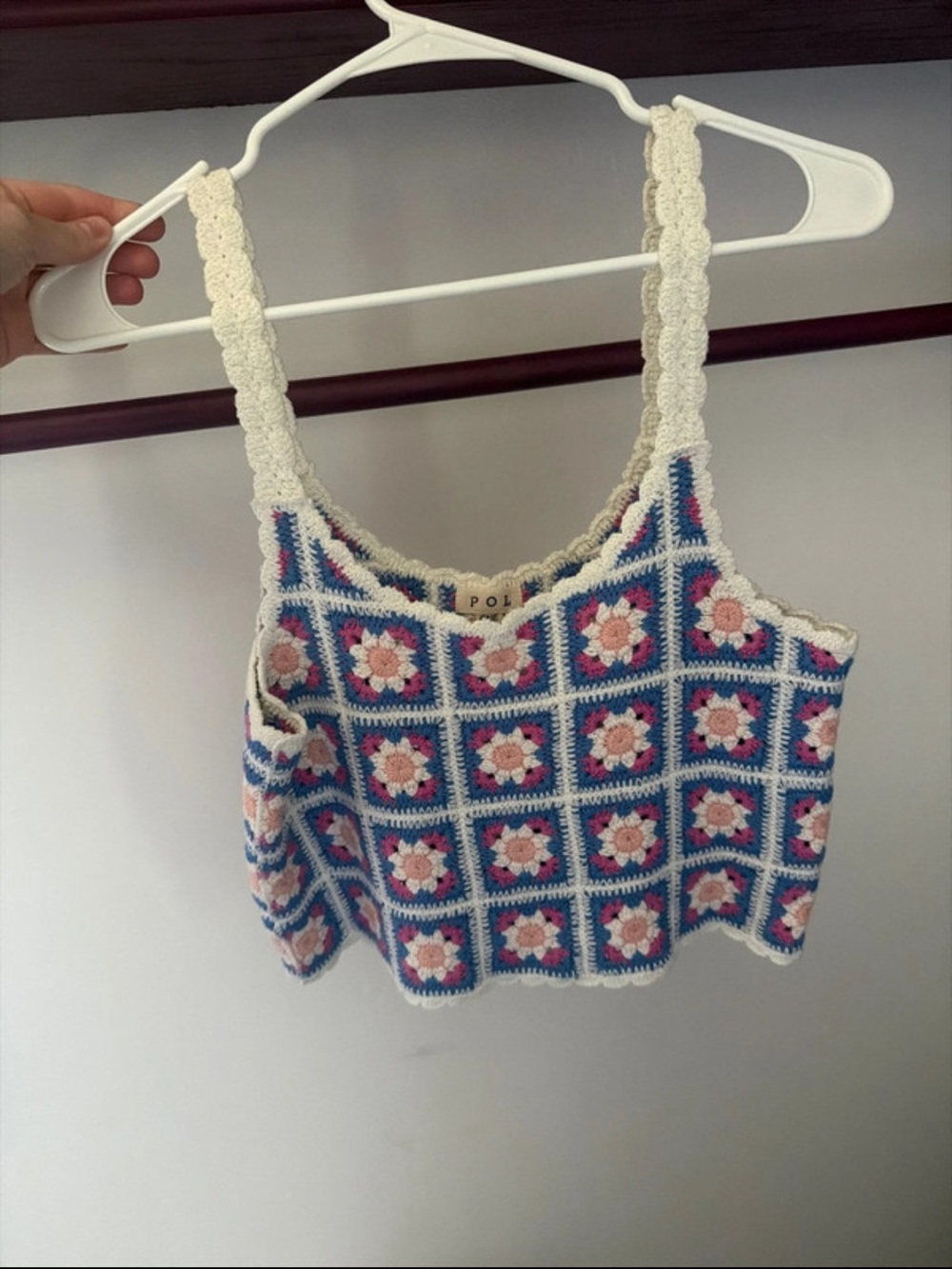 POL Crochet Floral Square Crop Top in Blue, Pink & Cream